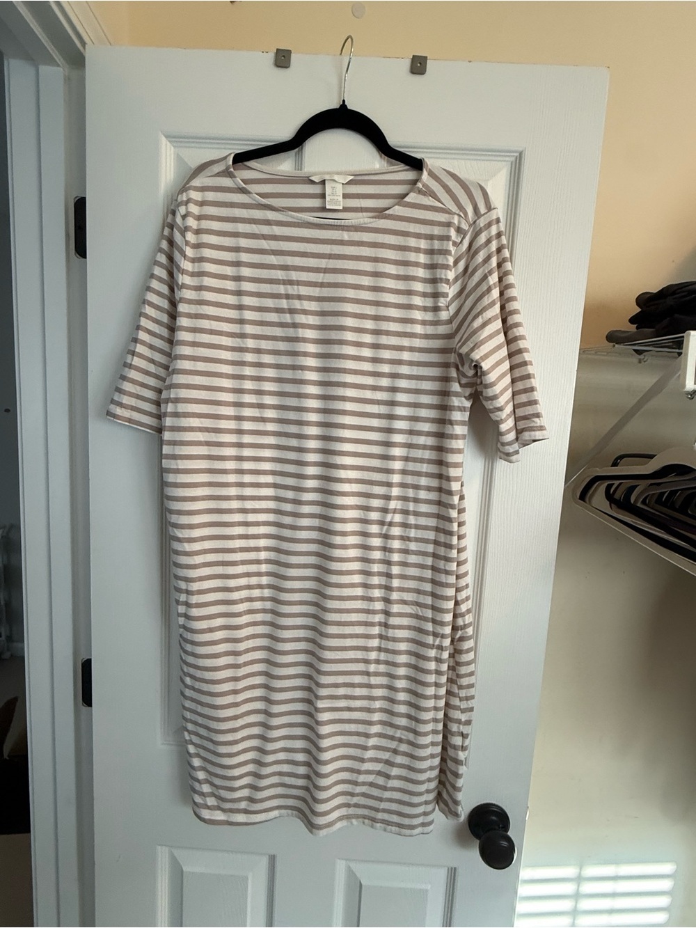 H&M Striped Cotton Maternity/Nursing T-Shirt Dress in Beige and White